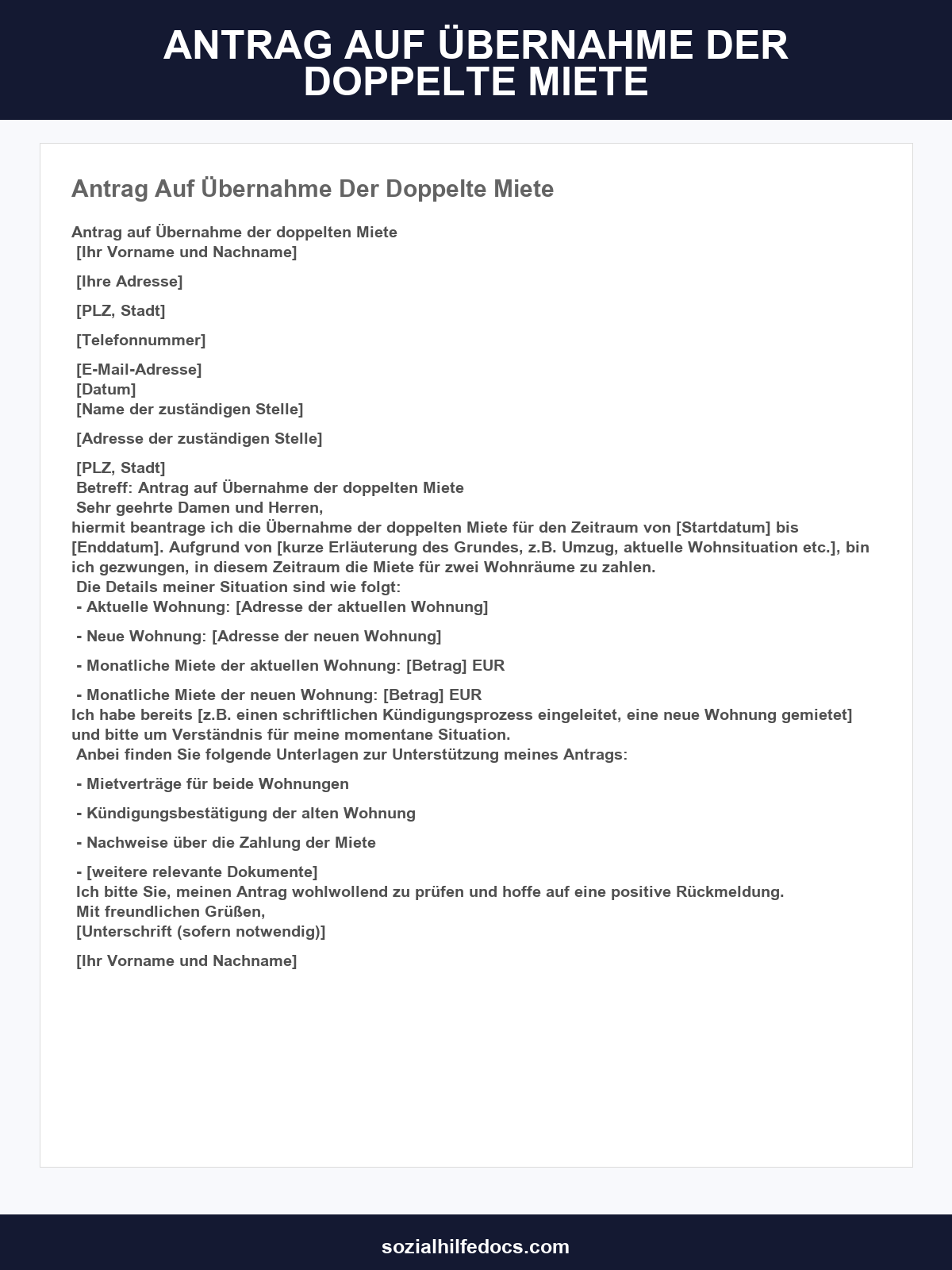 Antrag Auf Übernahme Der Doppelte Miete Muster