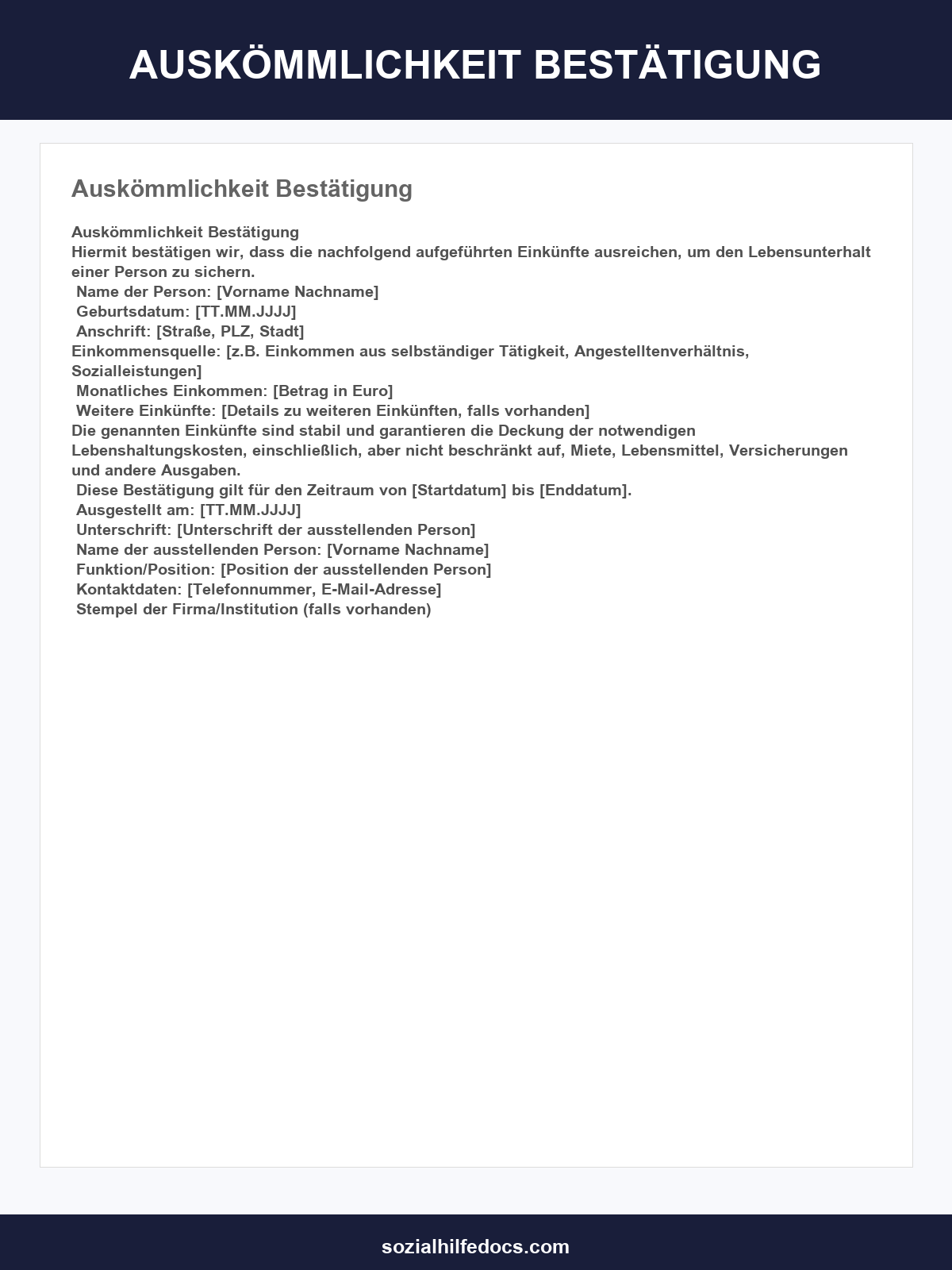 Auskömmlichkeit Bestätigung Vorlage
