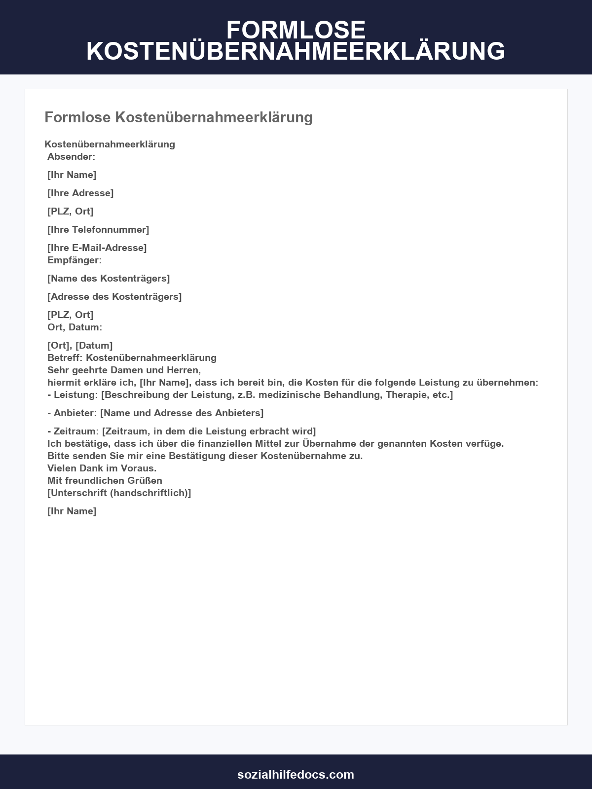 Formlose Kostenübernahmeerklärung Muster