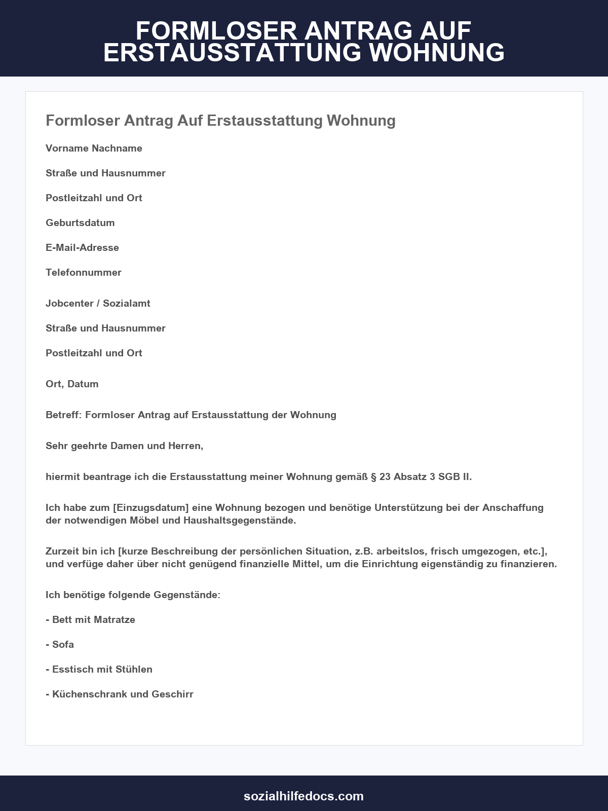 Formloser Antrag Auf Erstausstattung Wohnung Muster