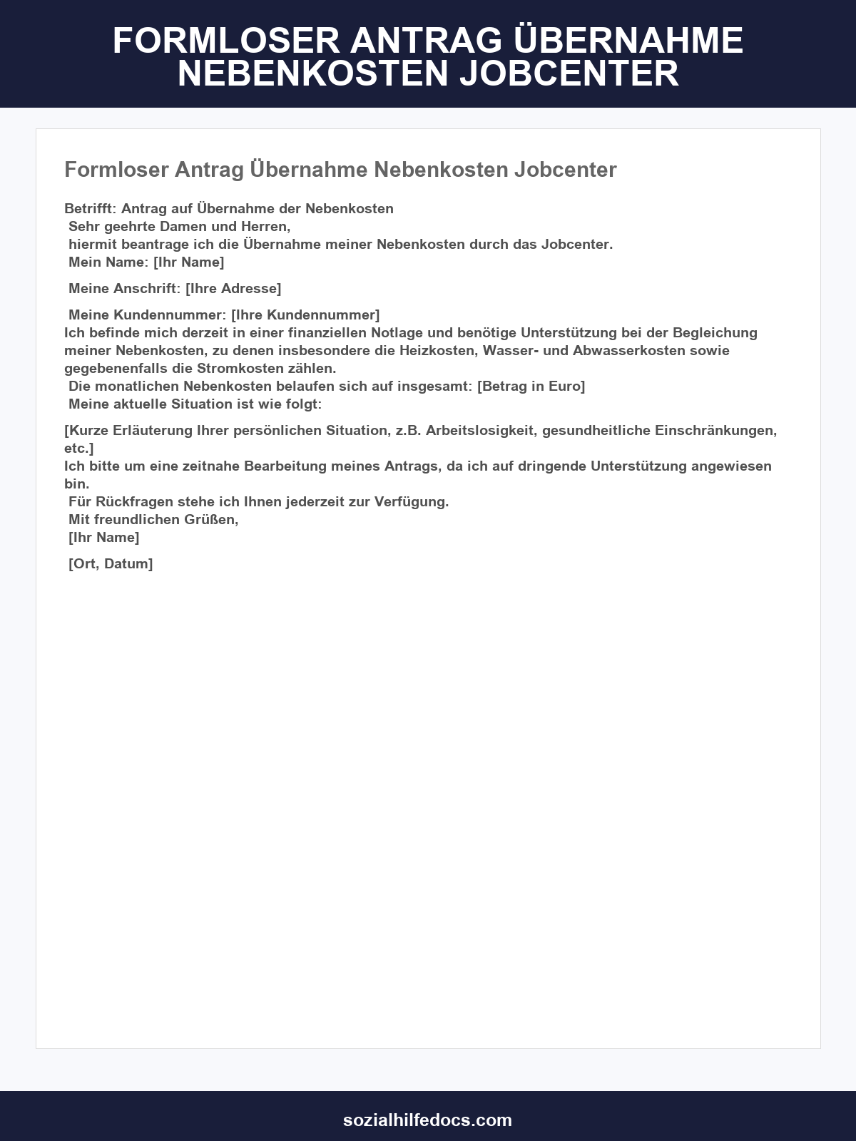 Formloser Antrag Übernahme Nebenkosten Jobcenter