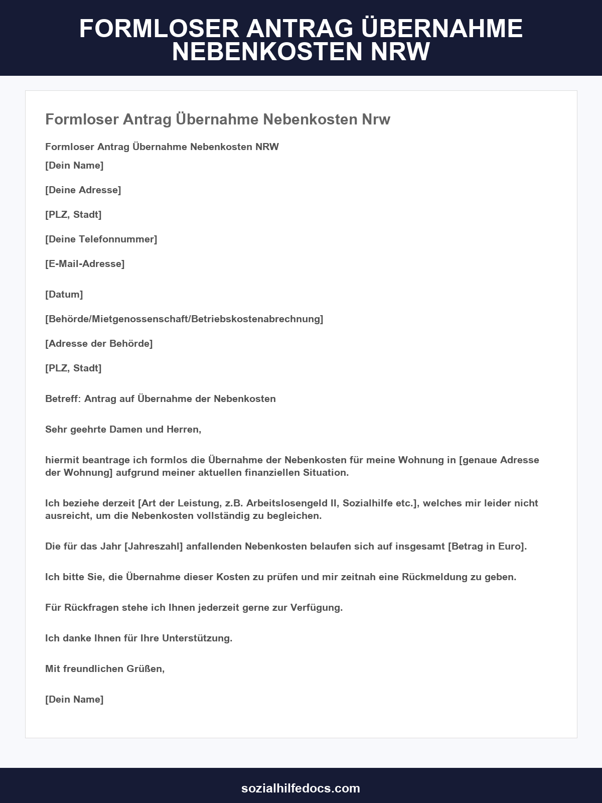 Formloser Antrag Übernahme Nebenkosten Nrw