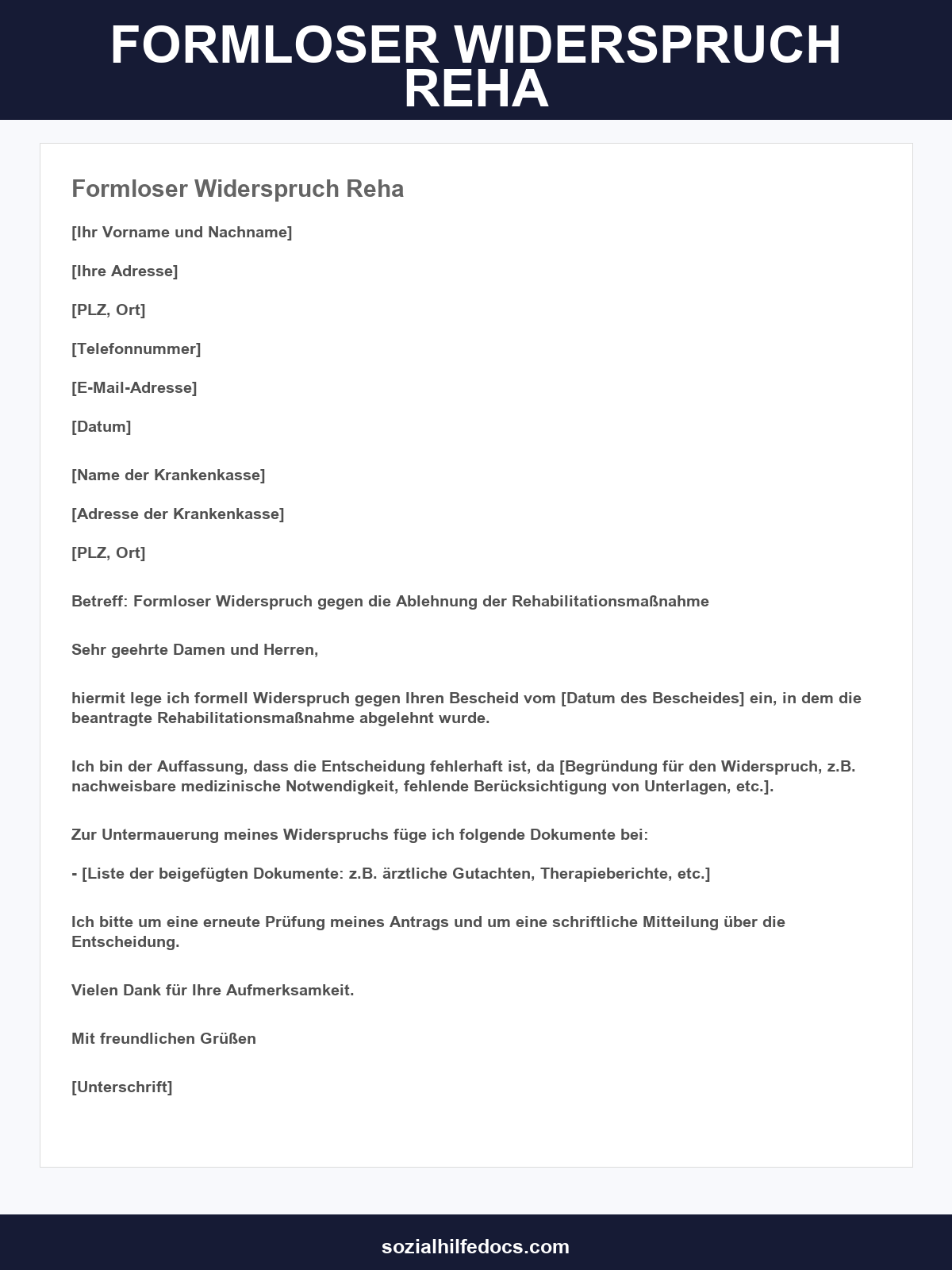 Formloser Widerspruch Reha Muster
