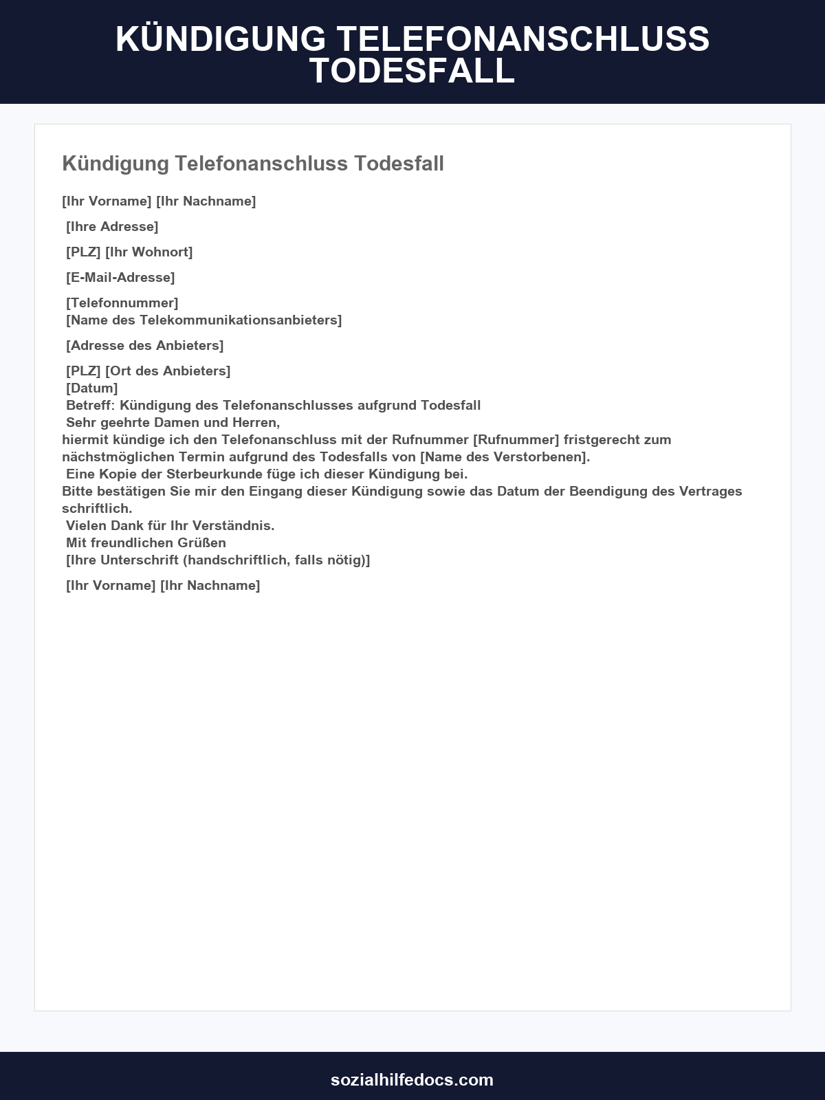 Kündigung Telefonanschluss Todesfall Vorlage