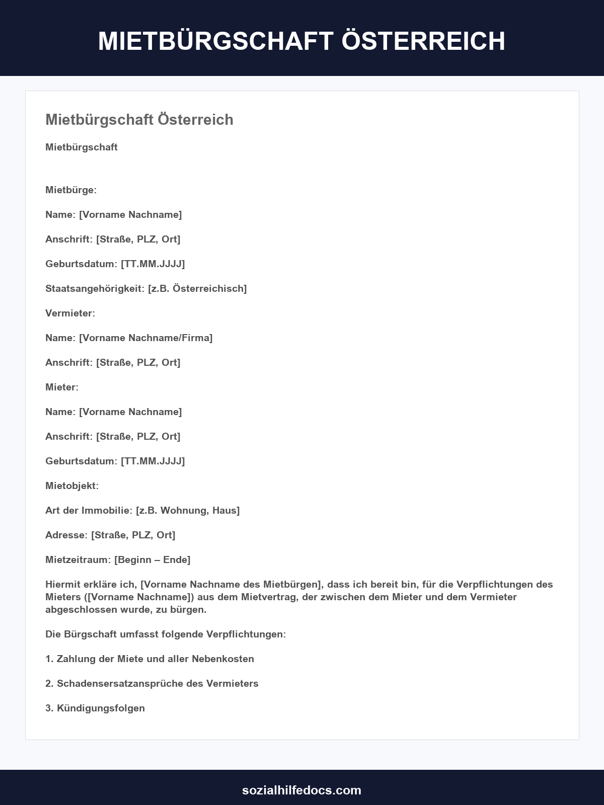 Vorlage Mietbürgschaft Österreich