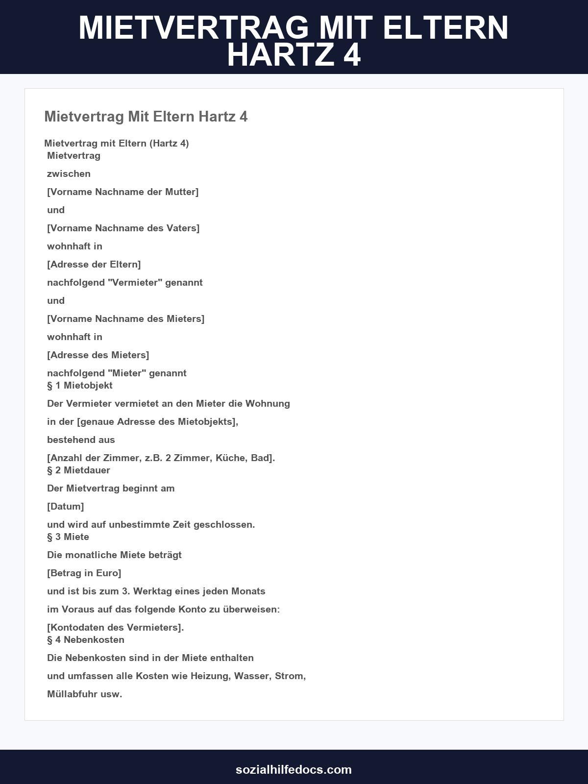 Mietvertrag Mit Eltern Hartz 4 Vorlage
