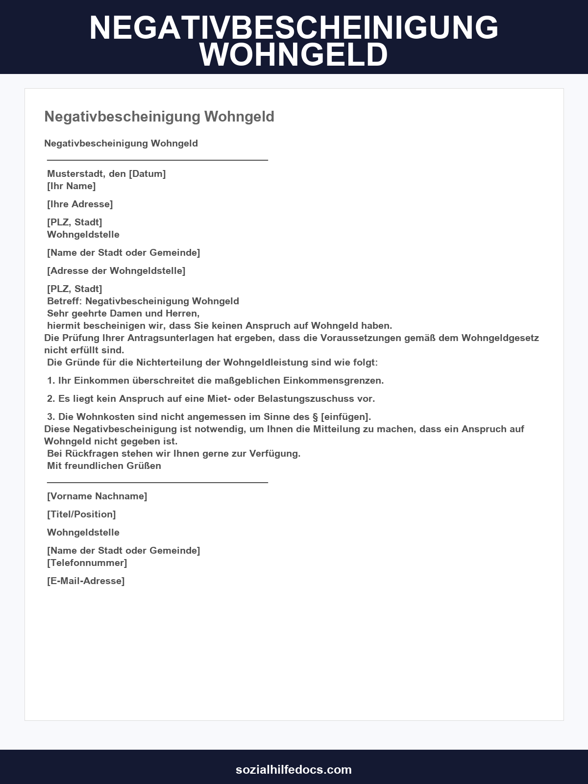 Negativbescheinigung Wohngeld Muster