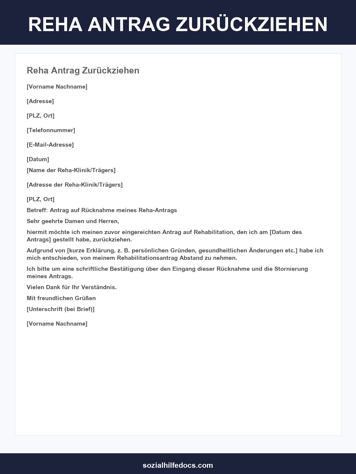 Reha-Antrag Zurückziehen Vorlage